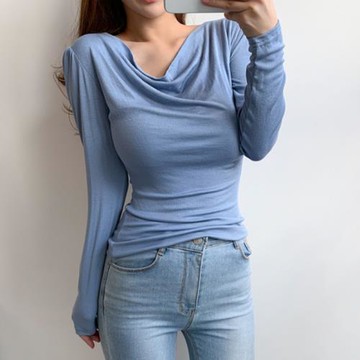 韓東大門舒適性感堆堆領長袖緊身T恤長袖今年流行顯胸女人味上衣