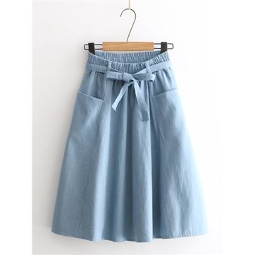 日系森女春裝新款甜美小清新牛仔半身裙女士學生松緊腰裙子中裙