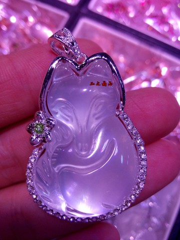 純天然925銀白水晶狐貍吊墜