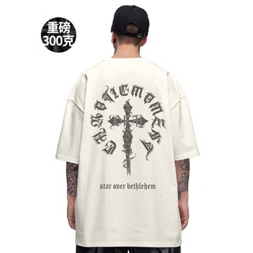 300g重磅美式街頭短袖t恤大碼奶杏色圓領純棉簡約半袖胖子男裝潮