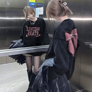 秋冬新款 韓系女裝 美式復古衛衣女 圓領大學T女 長袖大學t 印花 刷毛 加絨加厚刷毛T oversize 長袖上衣女