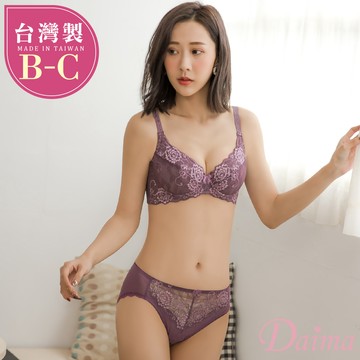 成套內衣 台灣製(34B、34C、36C) 側邊加高加寬透氣薄棉蕾絲(內衣+內褲)_戀紫T8706