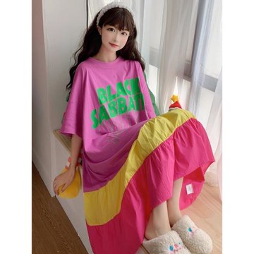 大碼胖mm巨遮肚夏裝2025夏裝新款純棉拼撞色蛋糕裙短袖長裙200斤