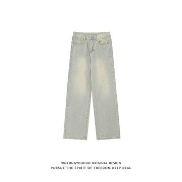 悟空有貨美式復古做舊水洗直筒牛仔褲男潮牌寬松闊腿休閑百搭長褲