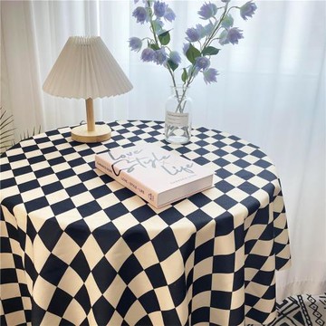 ins復古美式菱形黑格子桌布棋盤圓桌長方形裝飾絨布茶幾餐桌布
