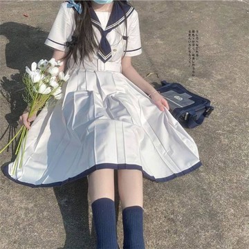 商城熱賣⭐水手服連衣裙  日系學生  修身顯瘦 百搭 夏季日系jk水手服氣質收腰顯瘦連衣裙女學生中長款百褶A字裙