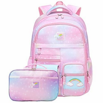 女の子用バックパック スクールキュートキッズバックパック 断熱ランチボックスセット付きブックバッグ、スクール小学生の女の子用、タイダイスクールバッグ、