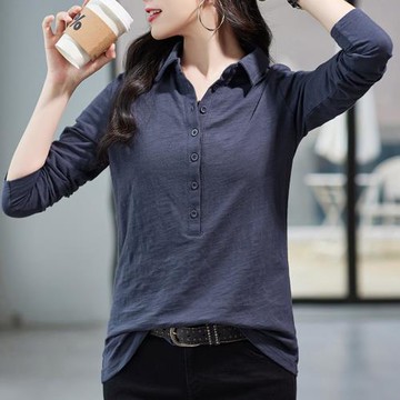 帶領長袖t恤女純棉寬松紐扣翻領2025年新款秋裝polo領上衣打底衫