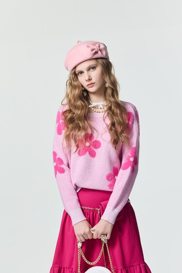 洋紅粉花朵褆花針織上衣