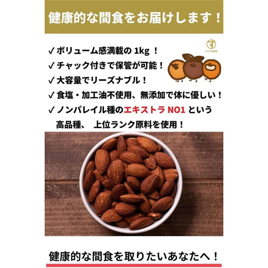 すこやか商店 アーモンド 素焼き 1kg じっくりロースト 高品質 無塩 無添加 加工油不使用 新物 カリフォルニア産 チャック袋付 送料無料