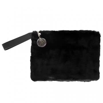 agnes b. LOGO吊飾毛毛大手拿-黑