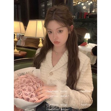 FanyFloss名媛羽毛羊毛呢釘鉆短款西裝女法式氣質粗花呢西服外套