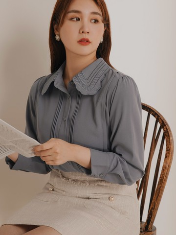 雲朵自訂款-蕾絲造型領車褶線襯衫