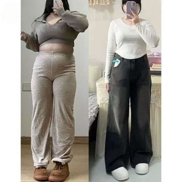 【WYZ】黑灰色直筒牛仔褲女秋季新款高腰大尺碼胖mm顯瘦寬鬆梨型身材寬褲
