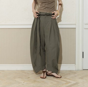 法式復古 廓形花苞休閒九分褲 打褶繭型長褲