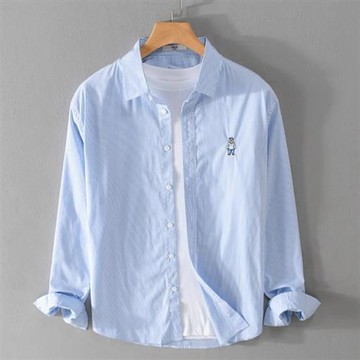 【巴黎精品】襯衫長袖上衣-條紋簡約休閒刺繡熊男裝2色a1bu85