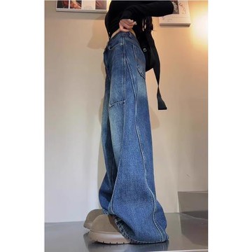 設計感闊腿牛仔褲女2025秋季新款大碼胖mm梨型身材寬松顯瘦拖地褲