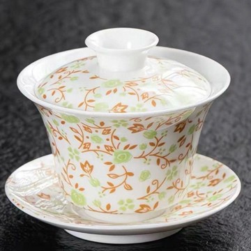 【茶品名】🍵蓋碗 三才碗 二才碗 泡茶杯尾貨清倉羊脂白玉三才黃藤花泡茶蓋碗茶三才單個白瓷功夫茶具家用
