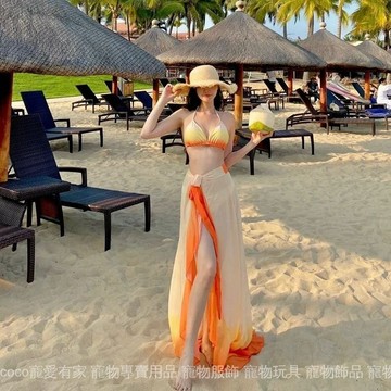 免運 台灣出貨 夏日絶美沙灘裙日落橙比基尼三件套長裙度假漸變拖地裙限時下殺 0710
