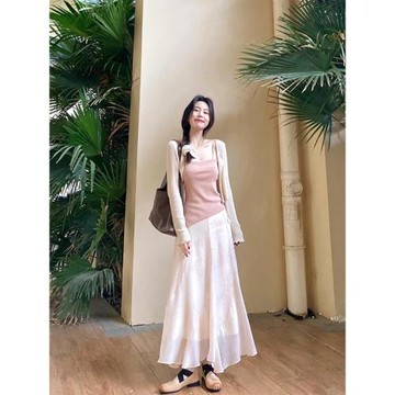 溫柔風夏薄款內搭小吊帶背心針織開衫高腰半身裙三件套時尚套裝女