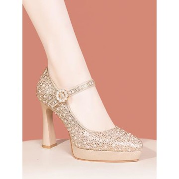 粗跟防水臺高跟鞋女2025新款厚底配旗袍單鞋香檳色婚鞋一字扣女鞋