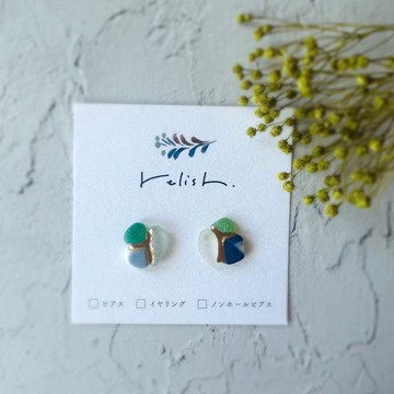 【現貨】金色閃耀 稀有色海玻璃 海陶器 金繼 耳針/耳夾/無耳洞耳環 綠色 淺藍色 白色
