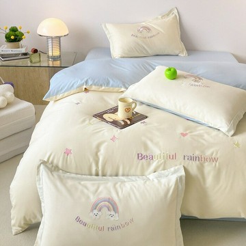 ins韓式卡通水洗棉刺繡四件套兒童卡通親膚床單三件套奶油風被套4