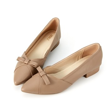 [網路獨家] 溫柔蝴蝶結造型拼接尖頭低跟鞋 奶茶色