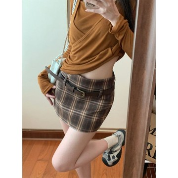 【顯瘦高腰】復古格紋半身裙 女秋季新款 A字包臀短裙 防走光 設計感短裙 高腰短裙 格紋裙 台灣