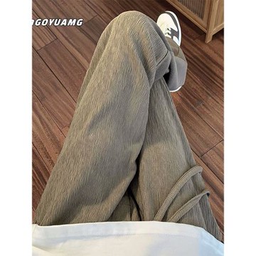 褶皺冰絲休閑褲子男夏季薄款直筒闊腿褲胖子加肥加大碼垂感拖地褲