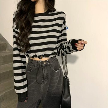 jazz爵士舞早秋女chic上衣寬松短款條紋抽繩衛衣甜辣跳舞ins風潮