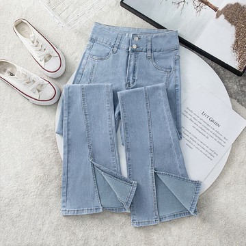 韓版高腰顯瘦彈力開叉喇叭牛仔褲女
