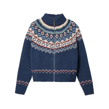 費爾島拉鏈慵懶風藍色毛衣外套女秋冬季2025新款復古針織開衫上衣
