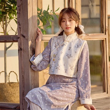 民國大小姐 紫色蕾絲秋冬洋裝 中式無袖馬甲 新中式春節連身裙