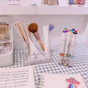 ins北歐風簡約多格收納盒桌面透明亞克力筆筒盒雜物整理方形