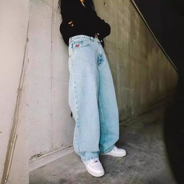 嘻哈潮流王一博同款印花牛仔褲男士高街潮牌休閑闊腿長褲