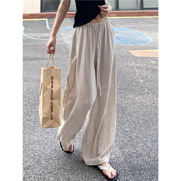 日系棉麻條紋闊腿褲女夏季薄款寬松顯瘦慵懶亞麻直筒休閑工裝長褲