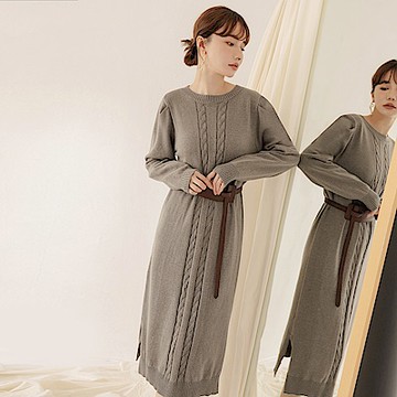 QQ毛衣．包芯紗針織長袖圓領長洋裝(含墊肩)-OB大尺碼