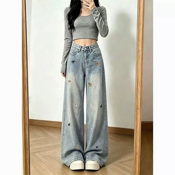 【PRPN】牛仔褲 韓國寬褲 藍色長褲 落地褲 刺繡牛仔褲 高腰長褲 寬鬆 小個子