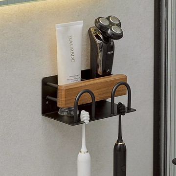 【好物良品】二人款_浴室防水防鏽原木牙刷漱口杯置物掛架雙人款_深胡桃木＋黑色