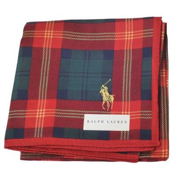 RALPH LAUREN POLO 拼接紅綠格紋小馬印花LOGO圖騰帕領巾(51CM)