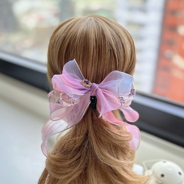 獨家立體紗質蝴蝶結相交夾香蕉夾仙女夾髮夾-粉紫漸層