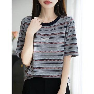 (免運)大碼女裝夏裝胖mm冰絲針織衫女士短袖t恤遮肚子顯瘦條紋真絲上衣