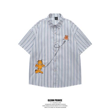 GPstudio美式復古加菲貓刺繡條紋短袖襯衫男夏季潮牌小眾休閑襯衣