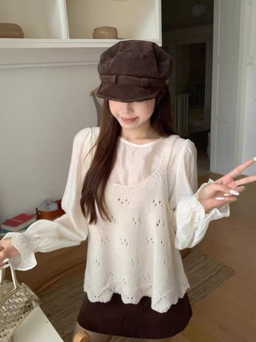 勾花針織背心+圓領衫兩件組-4色 393286