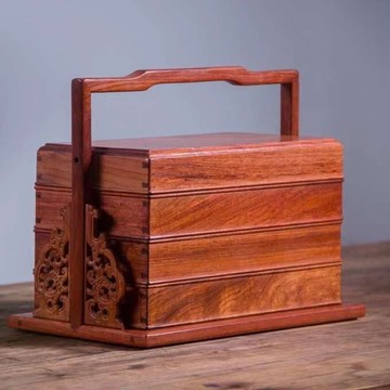 限時下殺 免運/可開票 紫光檀三層木質手提盒風多層中式紅木老式食盒結婚擺件實木收納盒