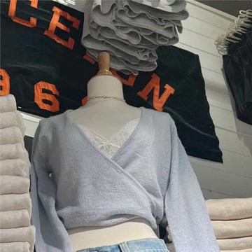 Brandy girl bm秋季V領針織開衫藍色綁帶韓系薄款設計感短款上衣