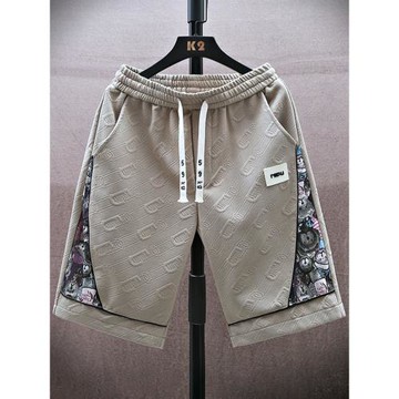 撞色拼接短褲男夏季冰絲涼感五分休閑褲子男潮牌青少年直筒運動褲