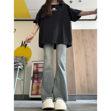 大碼高腰微喇牛仔褲女2025年秋季新款寬松顯瘦小個子毛邊喇叭褲子