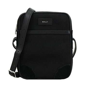BALLY 6304934 BORD CROSS 燙銀LOGO帆布皮飾拉鍊斜背方包.黑